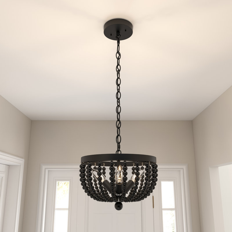 Lustre empire à 3 lumières à intensité variable avec abat-jour en bois Recunz, Noir, noir, noir, noir