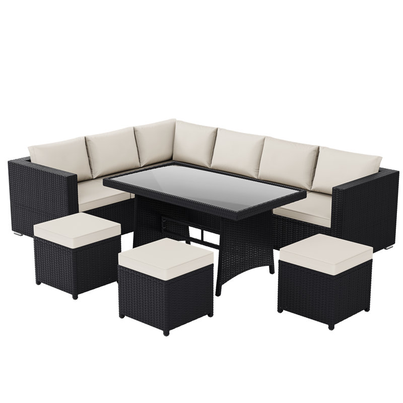 Prweitt Rattan 9 - Person Seating Group with Cushions, UKFR Certified, Black