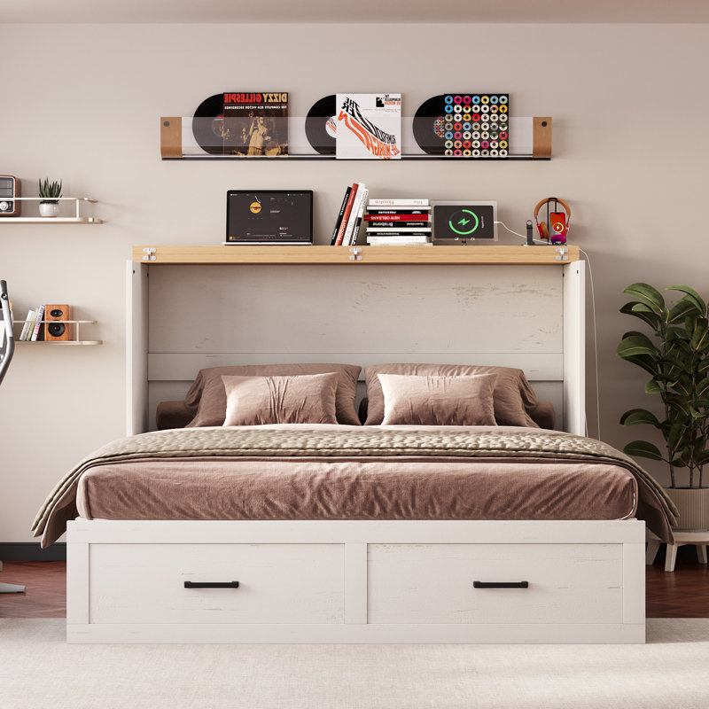 Farmhouse Queen Murphy Bed with Charging Station and Large Storage Drawer, Distressed White