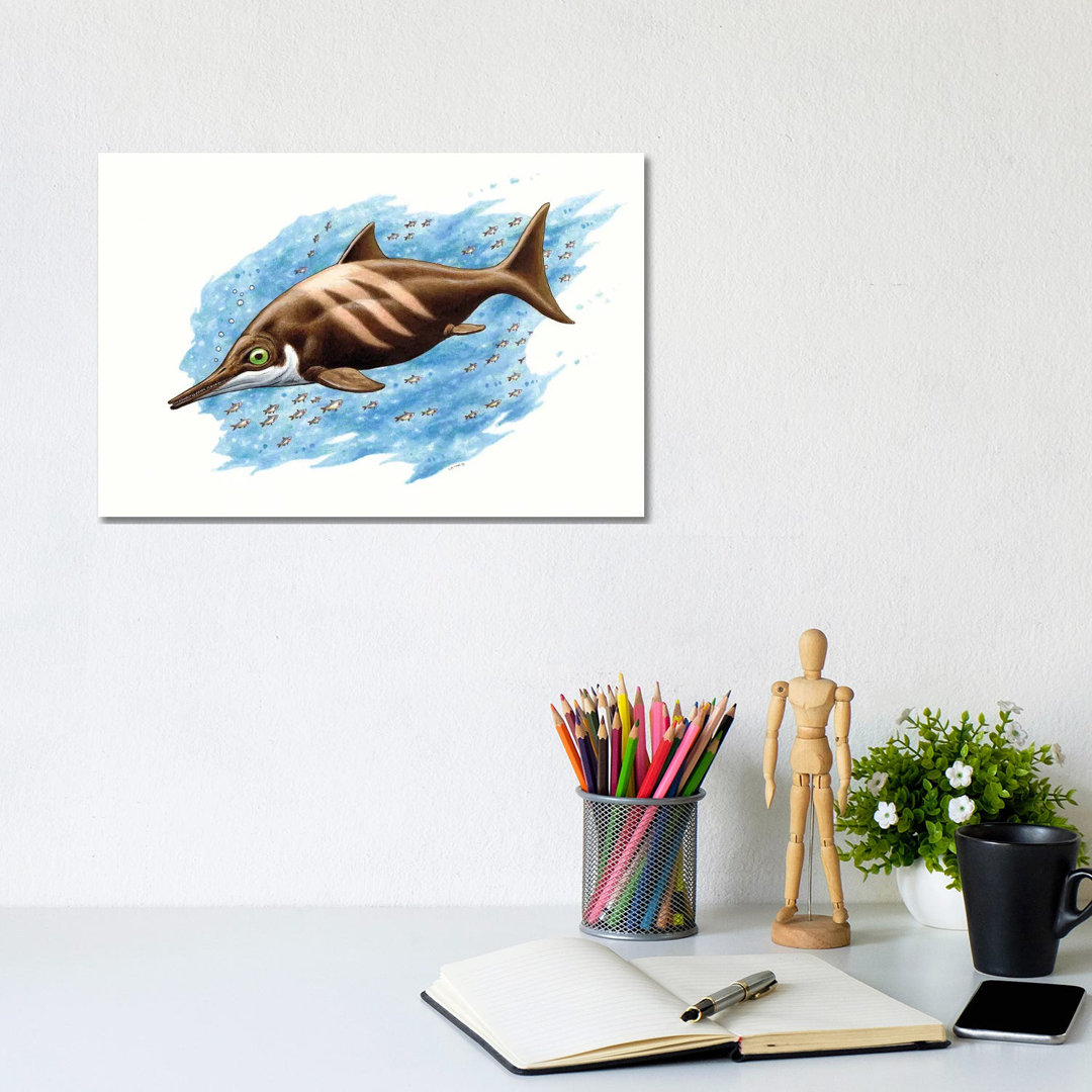 Ichthyosaurus auf weißem Hintergrund von Esther Van Hulsen - Galerieverpackte Leinwand Giclée auf Leinwand ohne Rahmen