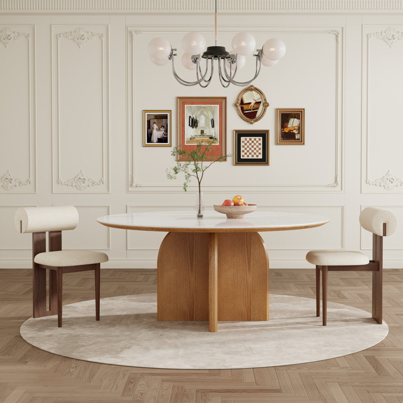 Jerhonda 59" Modern Round Dining Table for 6-8, Glossy Sintered Stone Table top with Solid  Wood Legs, 30.3"H x 59"L x 59"W