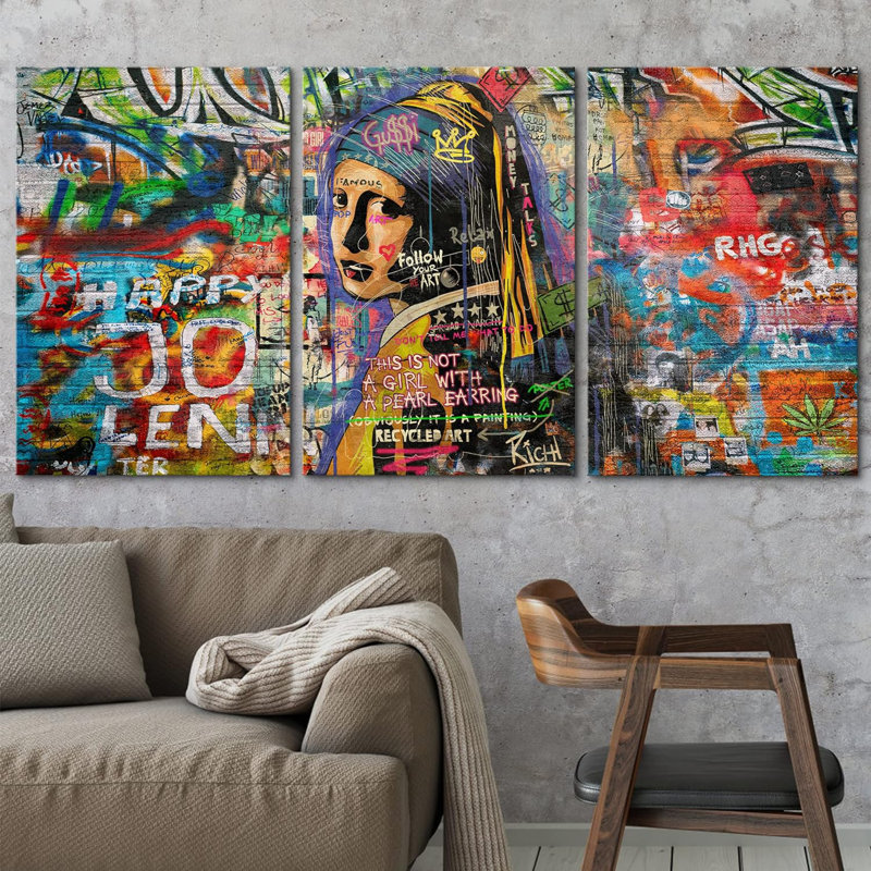 Peinture en aérosol, fille et perle, graffiti et art urbain, art moderne coloré, portrait urbain, 3 pièces, Toile tendue