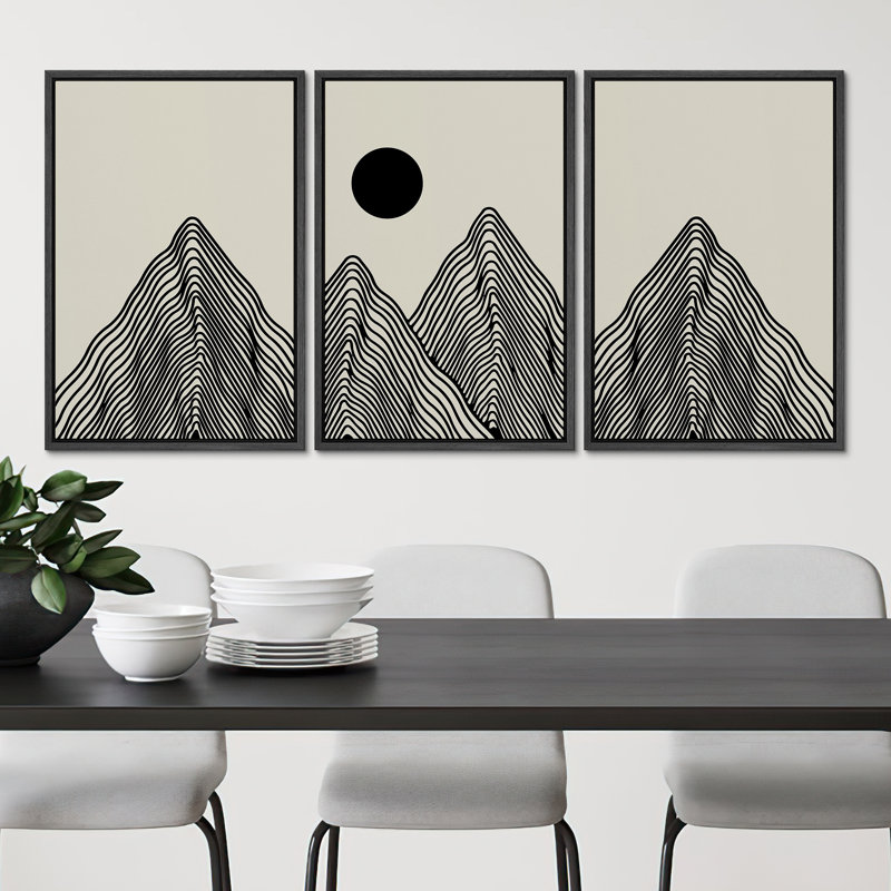 Art mural Mid-Century moderne bohème minimaliste abstrait montagne soleil encadré sur toile, 3 pièces, H 36 po x l 72 po