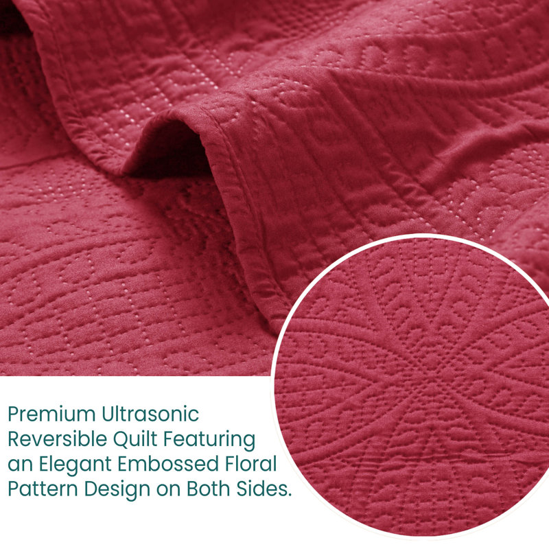 Reversible Bedspread All Season Comfort - Oversized  3 Piece Quilt Set - Lightweight Microfiber Bed Cover Quilt, Crimson Red