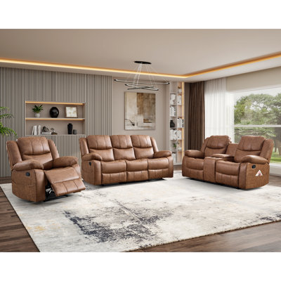3 Piece Leather Manual Reclining Living Room Set With Pillow Top Armrest