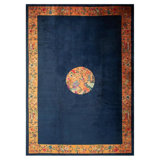 1920s Antique Blue Navy Grand Scale Medallion Knotted Wool Chinese Art Deco Rug