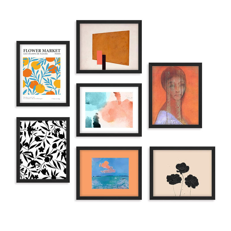 " Floral Flower Pattern Fine Art Portrait Abstract Geometric " 7 - Pieces, 11" W x 14" H, Natural Framed