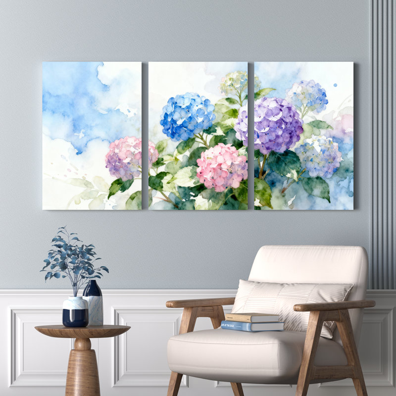 «Hydrangea», reproduction d'art sur toile tendue sur toile, triptyque, H 18 po x l 36 po