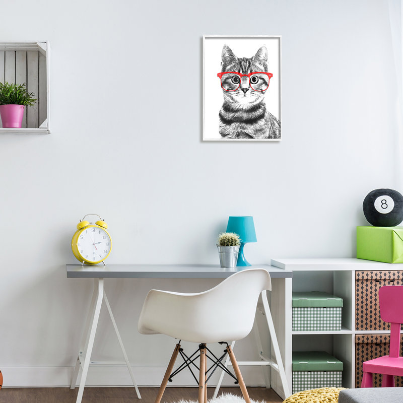 Chat noir, noir et blanc, lunettes rouges, par Annalisa Latella - impression, H 20 po x l 16 po x P 1,5 po