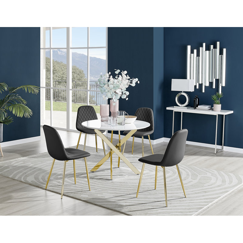 Tierra Sleek Gold and White Gloss Round Dining Table Set with 4 Luxury Faux Leather Dining Chairs, Black/Gold