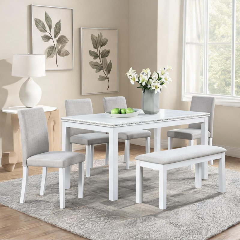 Ensemble de table de salle à manger rectangulaire 6 personnes avec garniture en cristal gris et blanc classique