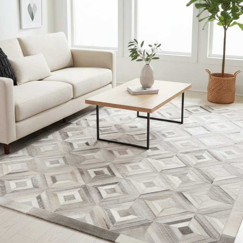 Grey Beige Patchwork Cowhide Rug, Modern Leather Area Rug,Living Room Home Dacor