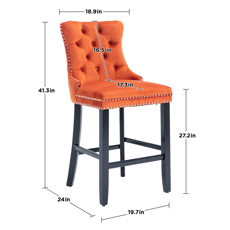 Upholstered Tufted Wingback Velvet Counter Bar Stool (Set of 4), Black, Orange