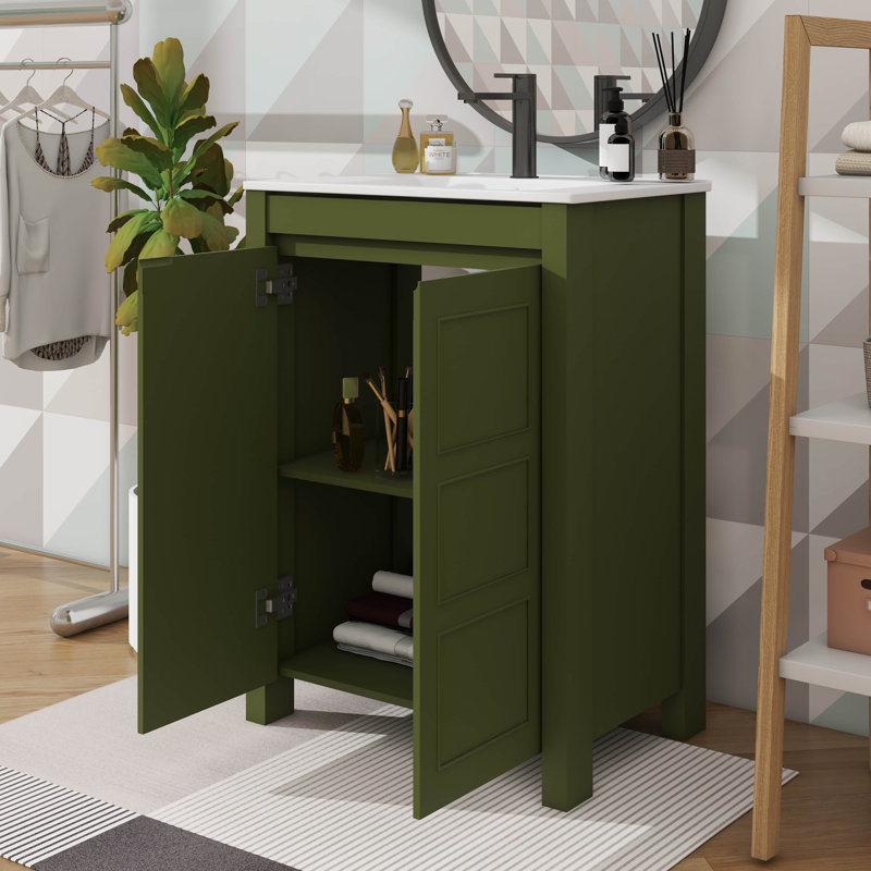 Meuble-lavabo autoportant de 24 po avec lavabo en céramique et meuble spacieux, Vert olive