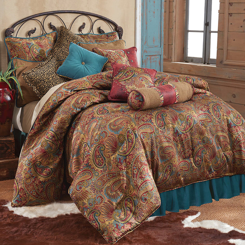 San Angelo Brown/Red/Blue Paisley Western Rustic Comforter Set, Twin Comforter + 1 Standard Shams + 1 Bed Skirt