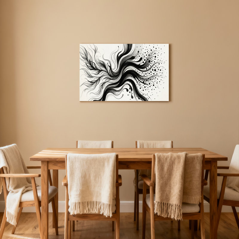 Ensemble de 1 tableau abstrait noir et blanc avec éclaboussures d'encre, H 20 po x l 30 po