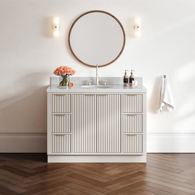Ensemble de meuble-lavabo simple en bois massif de 48 po avec plateau en quartz Carrara blanc de 1,5 po Haun, Ovale, 48"