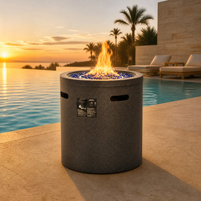 25" H x 22"W Round Iron Propane Fire Pit Column with Fire Glass, Metal Lid & Rain Cover