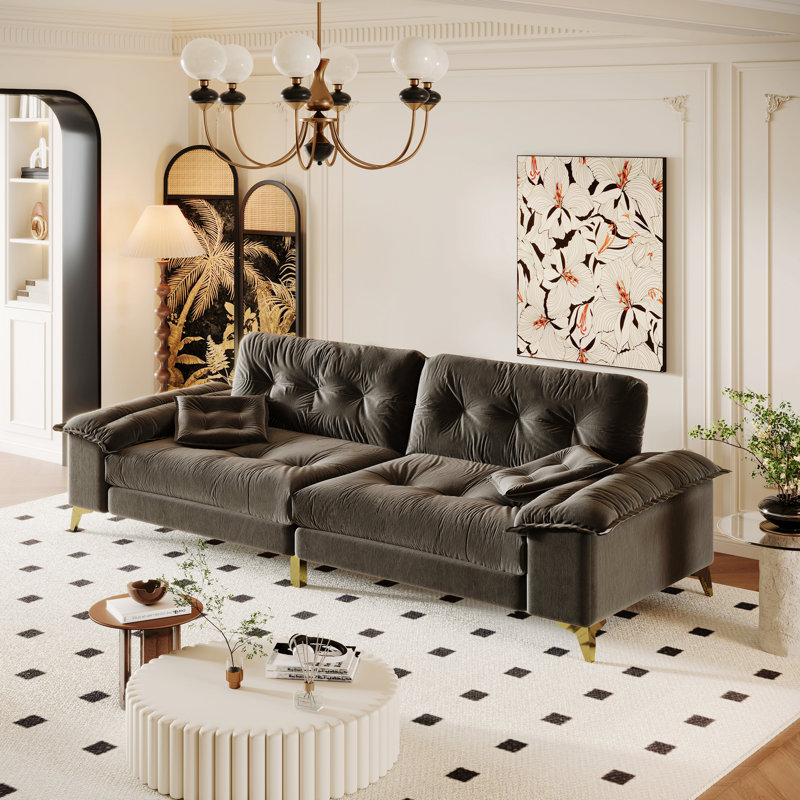 4-Seat Sofa With Removable Armrests, Tufted Sofa With Metal Legs, Upholstered Couch With 2 Pillows For Living Room,Bedroom,Apartment