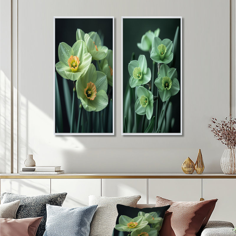 Ensemble de 2 jonquilles monochromes Glamour Garden I - Daffodils, H 40 po x l 40 po, Impression encadrée, Blanc