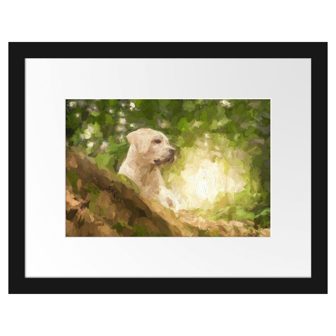 Gerahmtes Papierbild Labrador Welpe im Wald