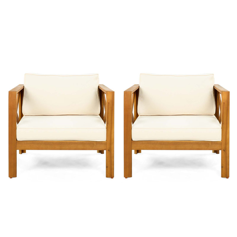 Fauteuil club d'extérieur en bois d'acacia avec coussins, ensemble de conversation, finition, coussin, Beige, 2