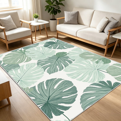 1 tapis vert et blanc Monstera, élégant tapis décoratif polyvalent, facile à nettoyer et à entretenir, meuble idéal pour la chambre à coucher, le salon, le couloir, le vestibule, le dortoir et le bureau afin de rafraîchir l'ambiance intérieure de votre maison