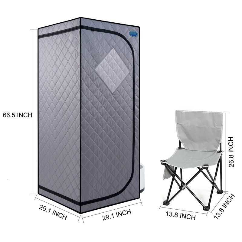 Full Size Portable Tent - Home Spa Comfort . Grey. 2.2L Steam Generator. 150F Max Temperature. . Remote Controlled With Timer. Foldable Chair Included. Waterproof Fabric. Easy To Assemble And Store.