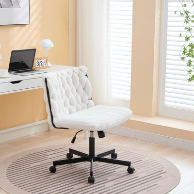Armless Rolling Desk Chair, White Fabric Criss Cross Chair, Swivel Home Office Chair with Wheels, Wide Seat Computer Task Chair, Height Adjustable Vanity Chair for Makeup