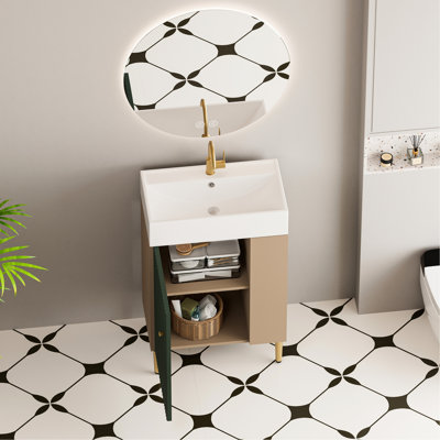 Lavabo de meuble-lavabo 21,6 po, lignes épurées, détails en cuivre brossé et salle de bain contemporaine avec protection imperméable avec finition, porte ondulée, détails