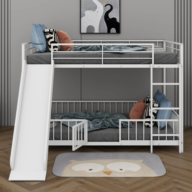 Twin Over Twin Size Metal Bunk Bed With Slide And Guardrails, White