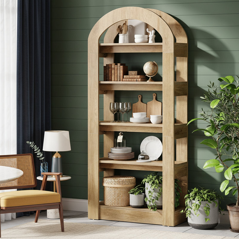 70.87" H 5-Tier Arched Bookcase, Oak, 1