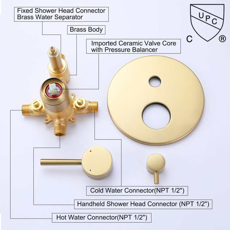 Wall Mounted Complete Shower System with Anti-Scald Pressure Balance Valve, Brushed Gold