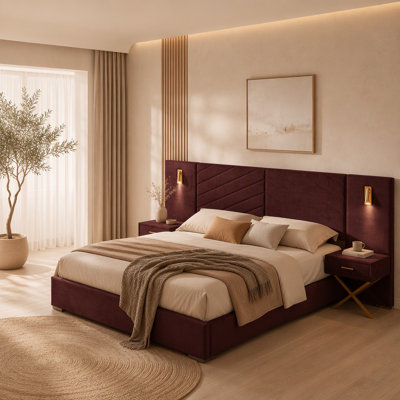 King Size Velvet Upholstered Platform Bed with Wingback Headboard and Wooden Slats