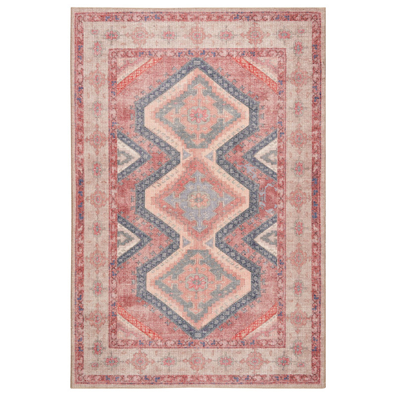 Machine Washable Southwestern Woven Area Rug in Red/Cream/Blue, Rectangle 3'9" x 5'6"
