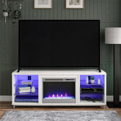 70" TV Stand with 23" Electric Fireplace Insert - LED-Lit Open Shelves, Sturdy Metal & Tempered Glass Media Console