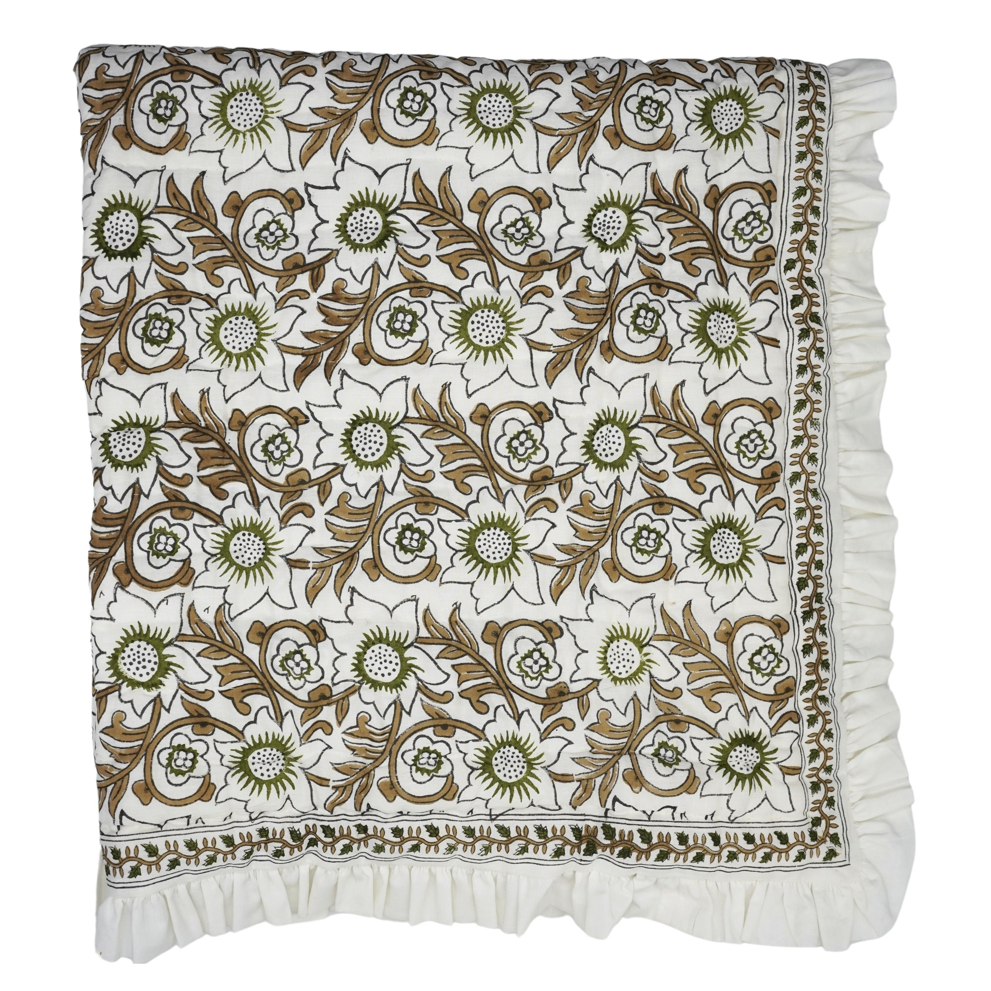 Fabdivine Luxury Block Print Cotton Quilt Floral Boho Bedding for Bedroom & Sofa, King Us, Brown/Green/White