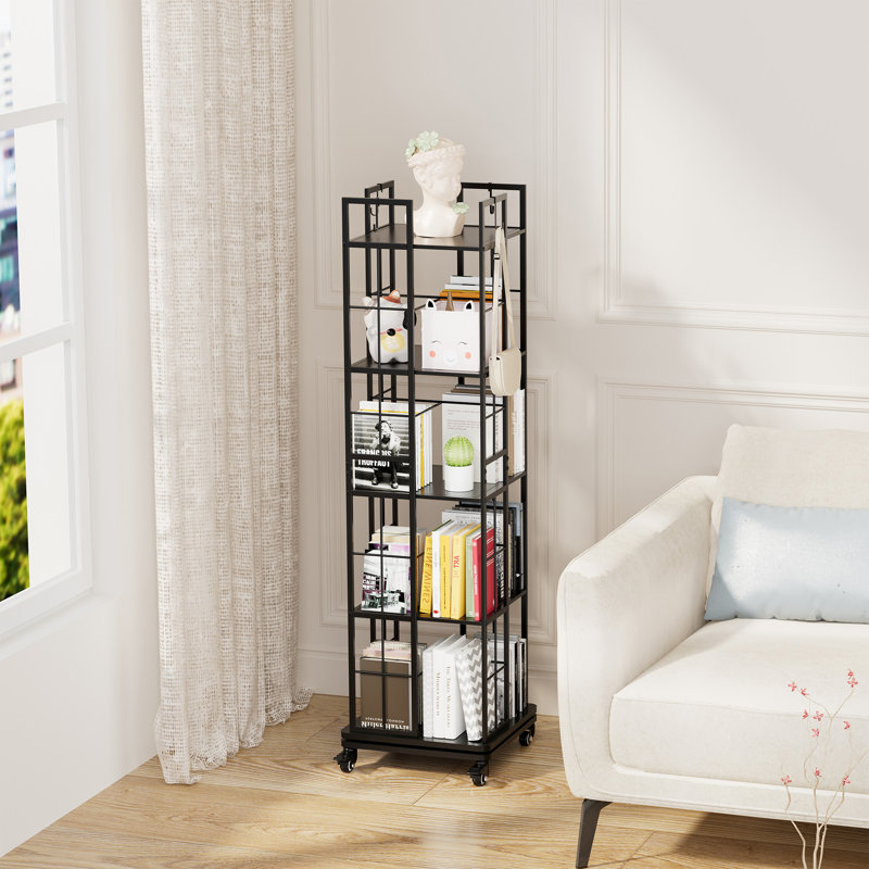 Bibliothèque d'angle rotative à 5 niveaux avec roulettes, support de rangement carré à 360 ° pour salon, bureau et chambre à coucher