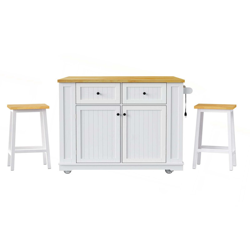 3PCS Set Kitchen Island With Drop Leaf, Power Outlet, Internal Storage Rack & 5 Open Side Racks(With 2 Barstools), White