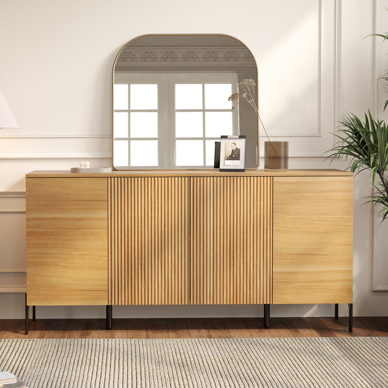 61.6"Wide Wood File Cabinet With Shelves, Minimalist Reeded Design, Modern Farmhouse Office Storage Cabinet For Study Room, Living Room