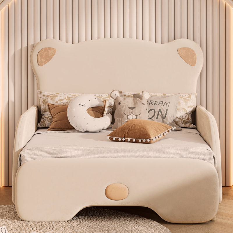 Canapé-lit simple rembourré extensible de taille XL, tête de lit en forme d'ours, beige