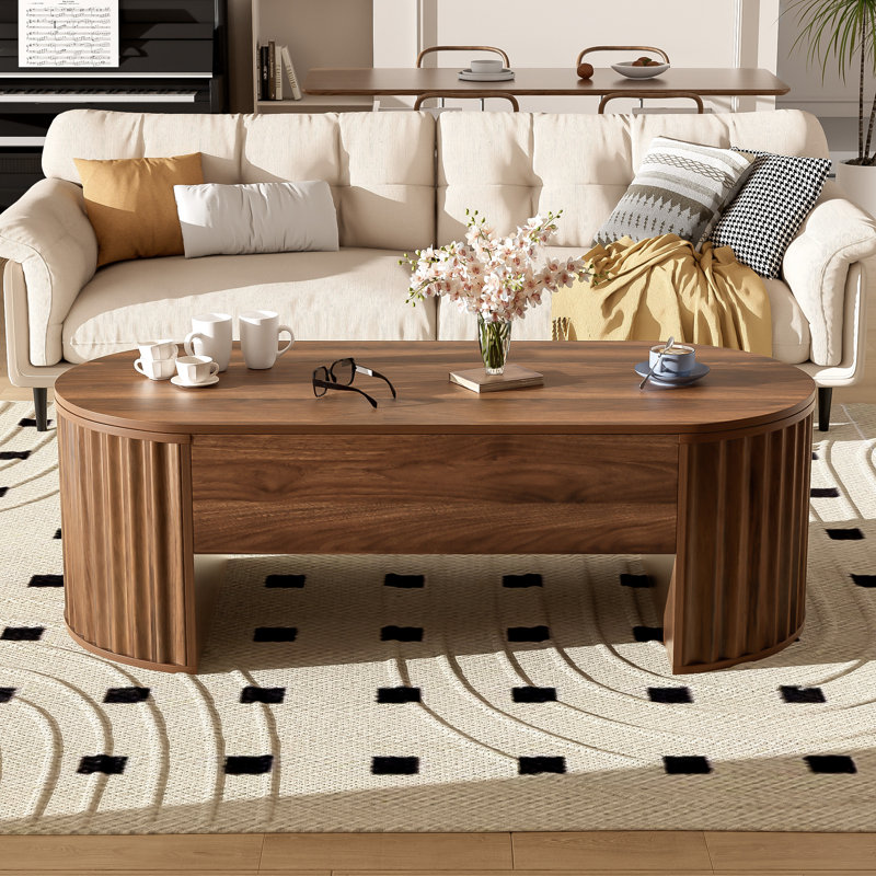 Table basse relevable avec compartiments cachés, plateau relevable ovale moderne, Noyer