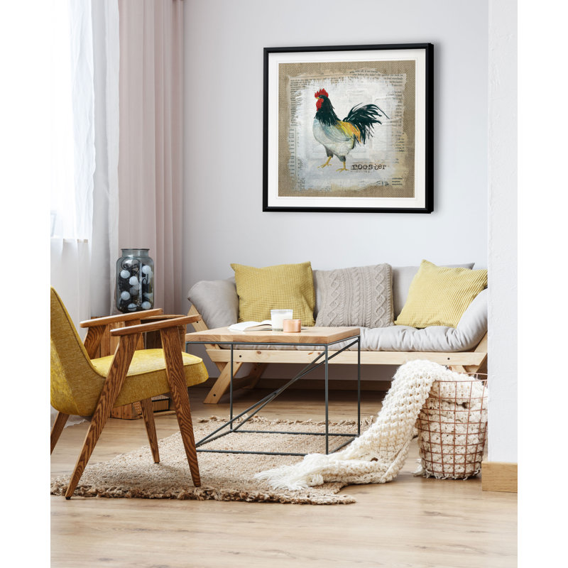 «Burlap Rooster», reproduction d'impression sur papier, H 30,5 po x l 30,5 po x P 1,5 po, Cadre plastique noir