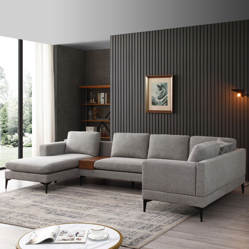 Ensemble de canapé modulaire rembourré en U 3 pièces avec méridienne réversible, canapé sans accoudoirs et petite table basse