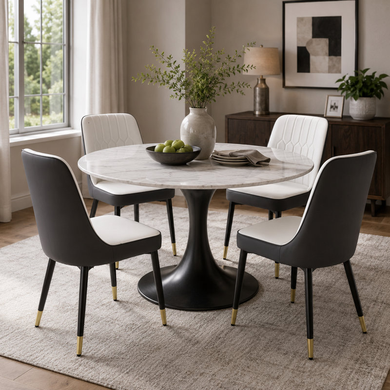Modern Two Tone Faux Leather Dining Chairs with Geometric Tufting and Metal Legs, Beige/Dark Gray