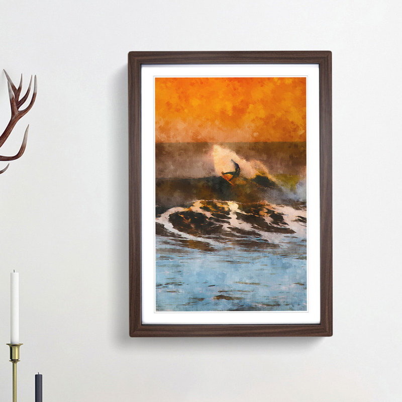 Surfing as the Sun Sets - Picture Frame Painting Print, 33cm H x 24cm W x 2cm D, Walnut Framed