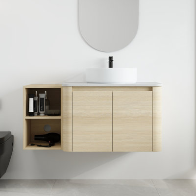 Ensemble de meuble-lavabo mural simple 42 po avec lavabo en céramique et tablettes Greythor, ensemble de meuble-lavabo simple 42 po avec plateau en pierre reconstituée