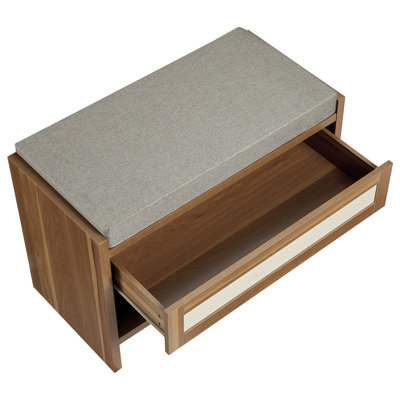 Banc à chaussures en rotin 31 po avec rangement, banc d'entrée en osier avec tiroir et siège en lin rembourré Farmhouse, rangement de couloir, chêne caramel