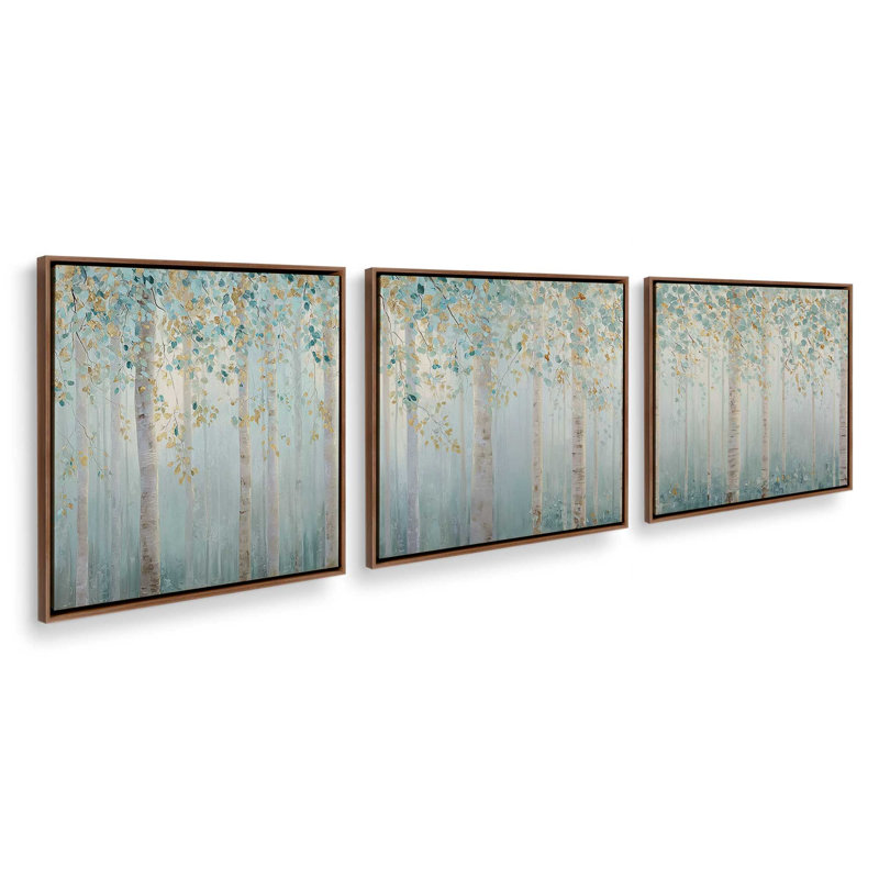 Ensemble de 3 impressions «Whispers of Birch», 12 po x 12 po, Cadre flottant en noyer