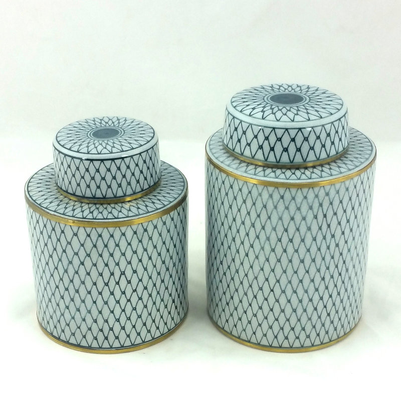 Ensemble de 2 pots en porcelaine gris / blanc cassé